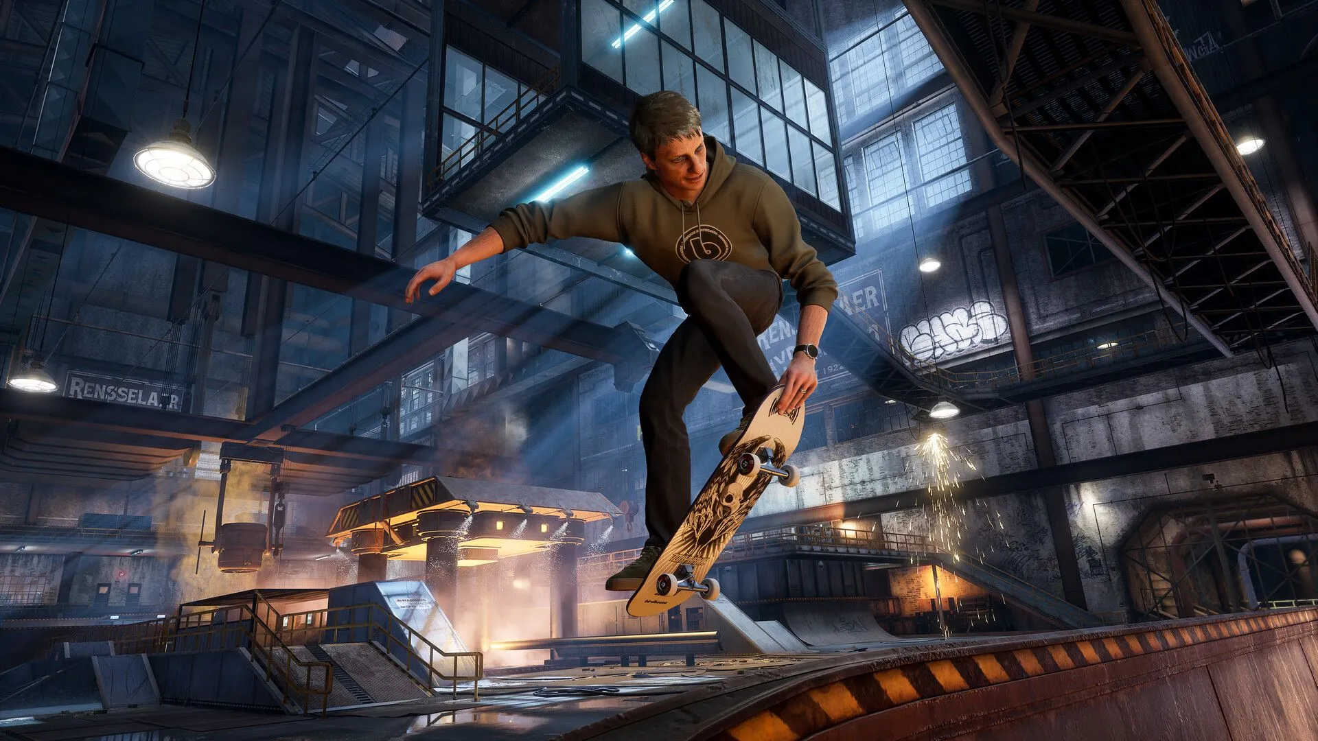Tony Hawk's Pro Skater 3 + 4 Remastered: Nhân vật đang trượt ván trên đường phố với các hiệu ứng ánh sáng neon và công trình hiện đại