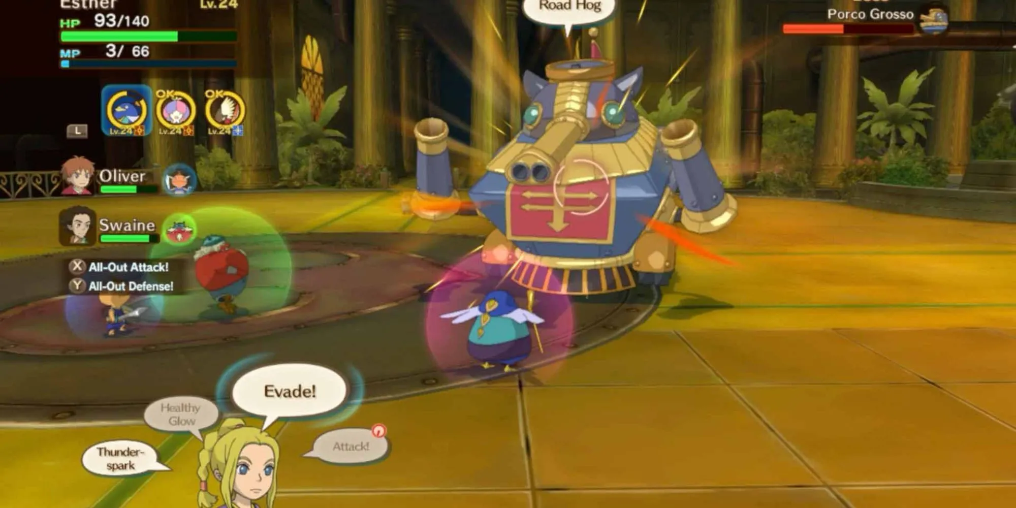 Trận chiến của nhân vật với robot trong Ni no Kuni Wrath Of The White Witch, thể hiện phong cách nghệ thuật độc đáo của Studio Ghibli