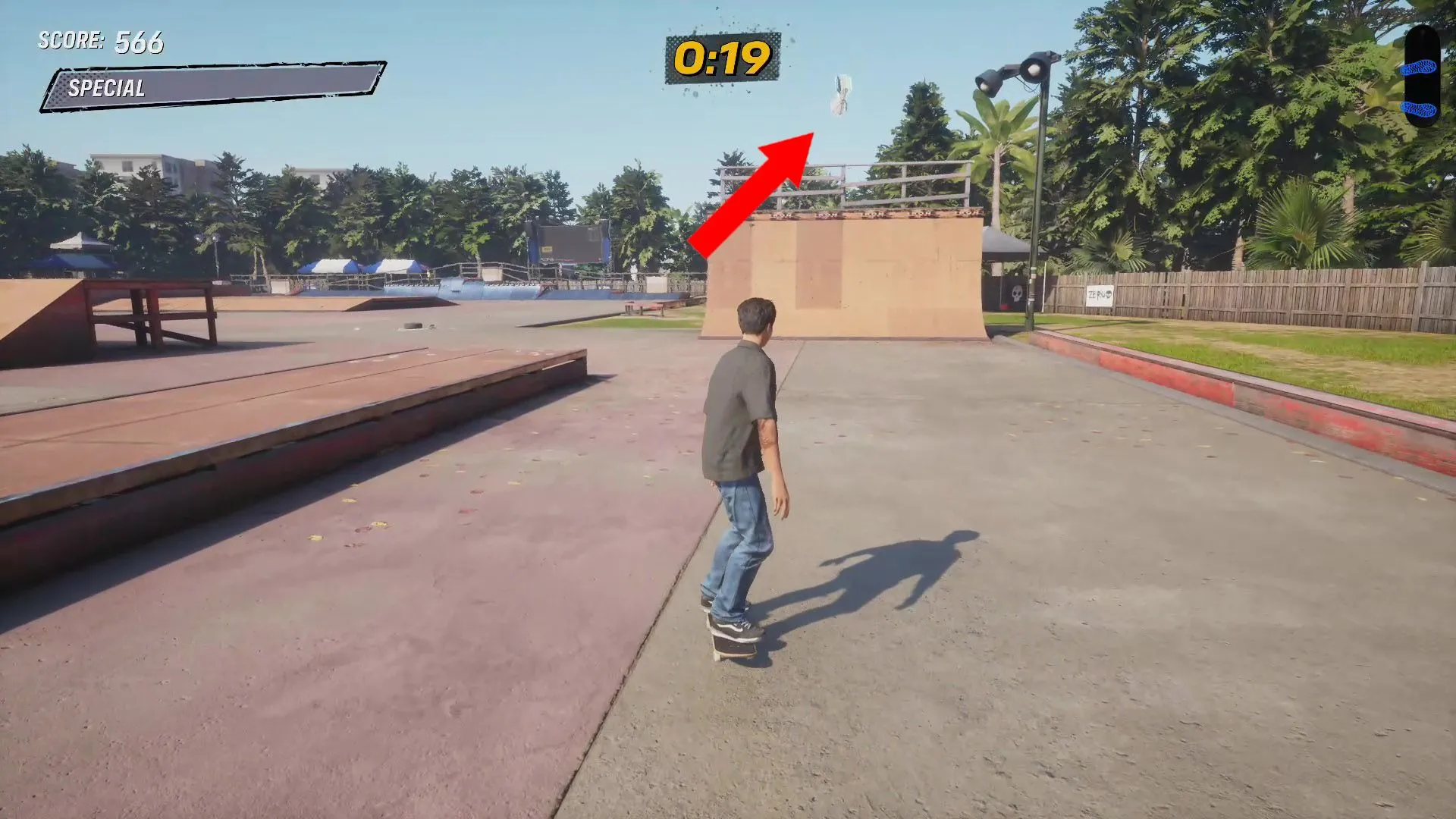 Vị trí cọc tiền đầu tiên trên đường dốc phía đông của khu vực Kona trong Tony Hawk Pro Skater 3 + 4