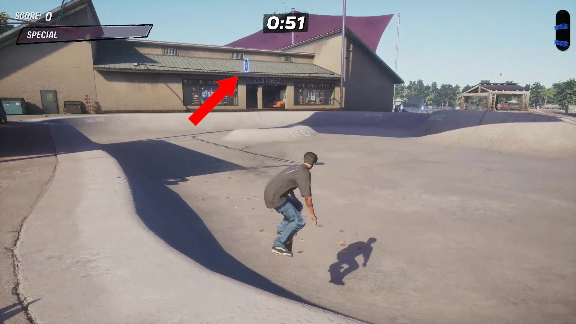 Vị trí ván trượt ẩn (Hidden Deck) trong khu vực hồ bơi gần cửa hàng Zumiez ở màn Kona Tony Hawk Pro Skater 3 + 4