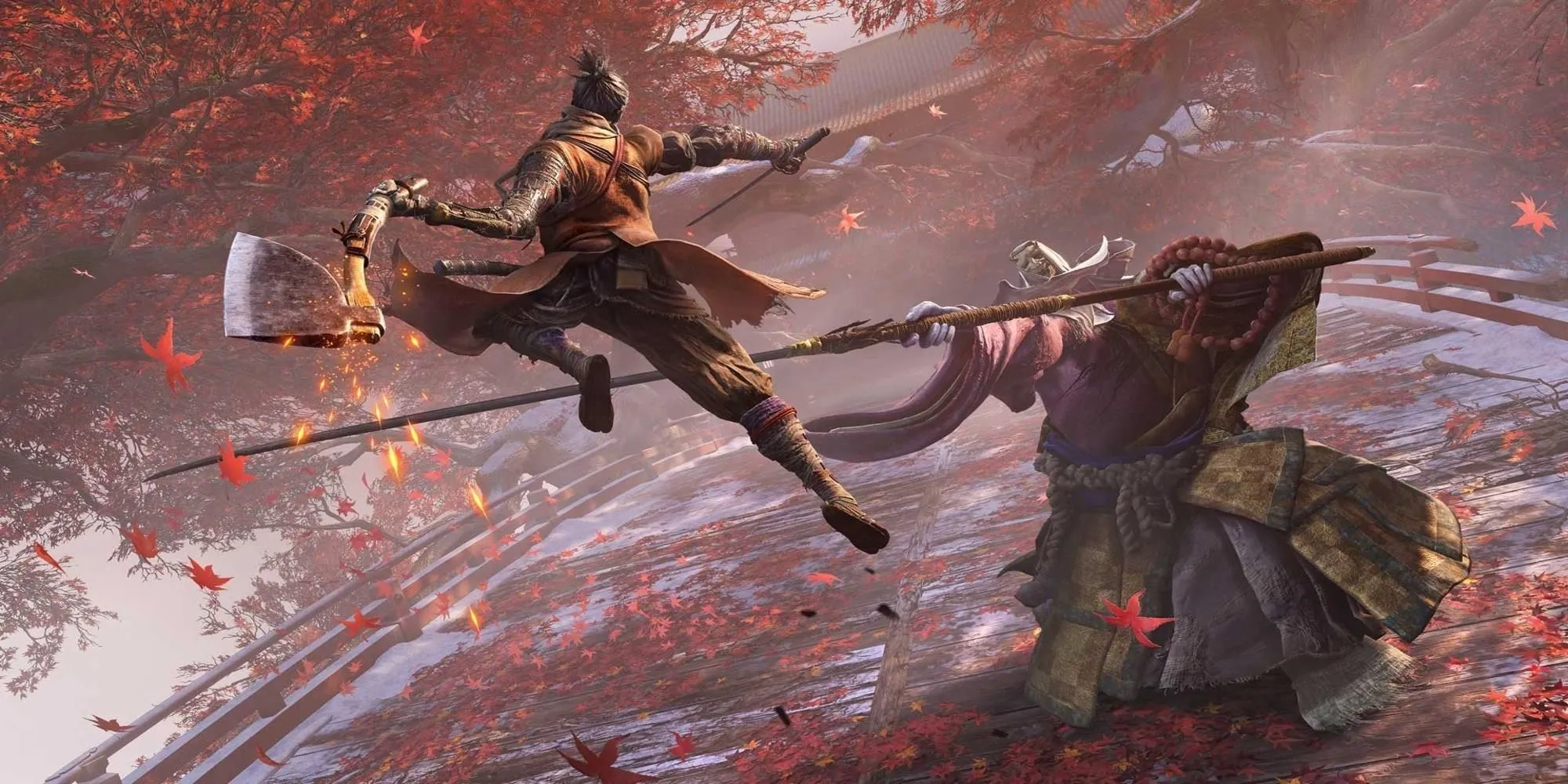 Wolf tấn công True Corrupted Monk trong trận chiến đầy thử thách của Sekiro Shadows Die Twice.