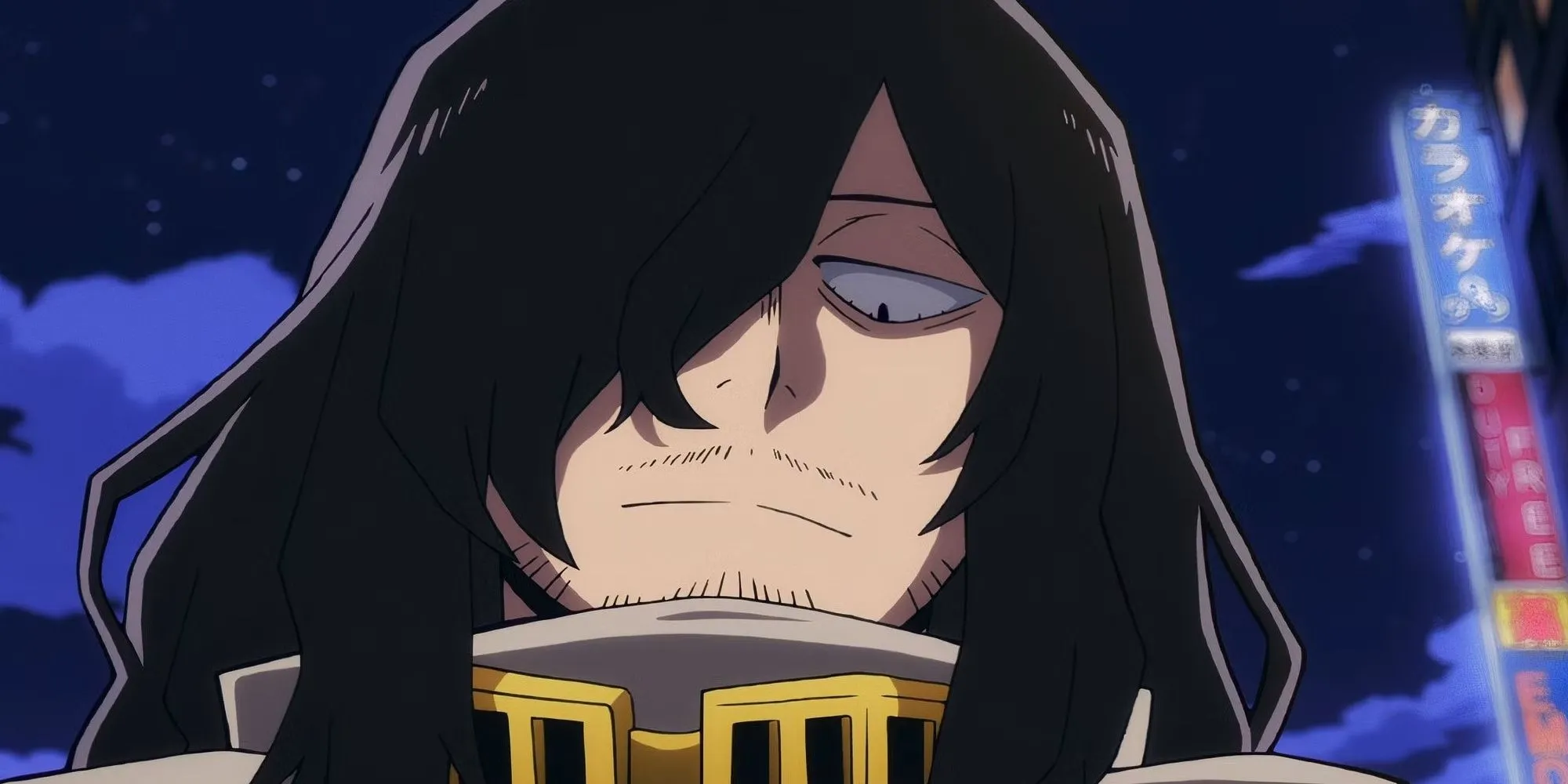 Aizawa Shouta (Eraserhead), giáo viên chủ nhiệm lớp 1-A trong My Hero Academia, với ánh mắt mệt mỏi và mái tóc bay lượn khi kích hoạt Quirk.