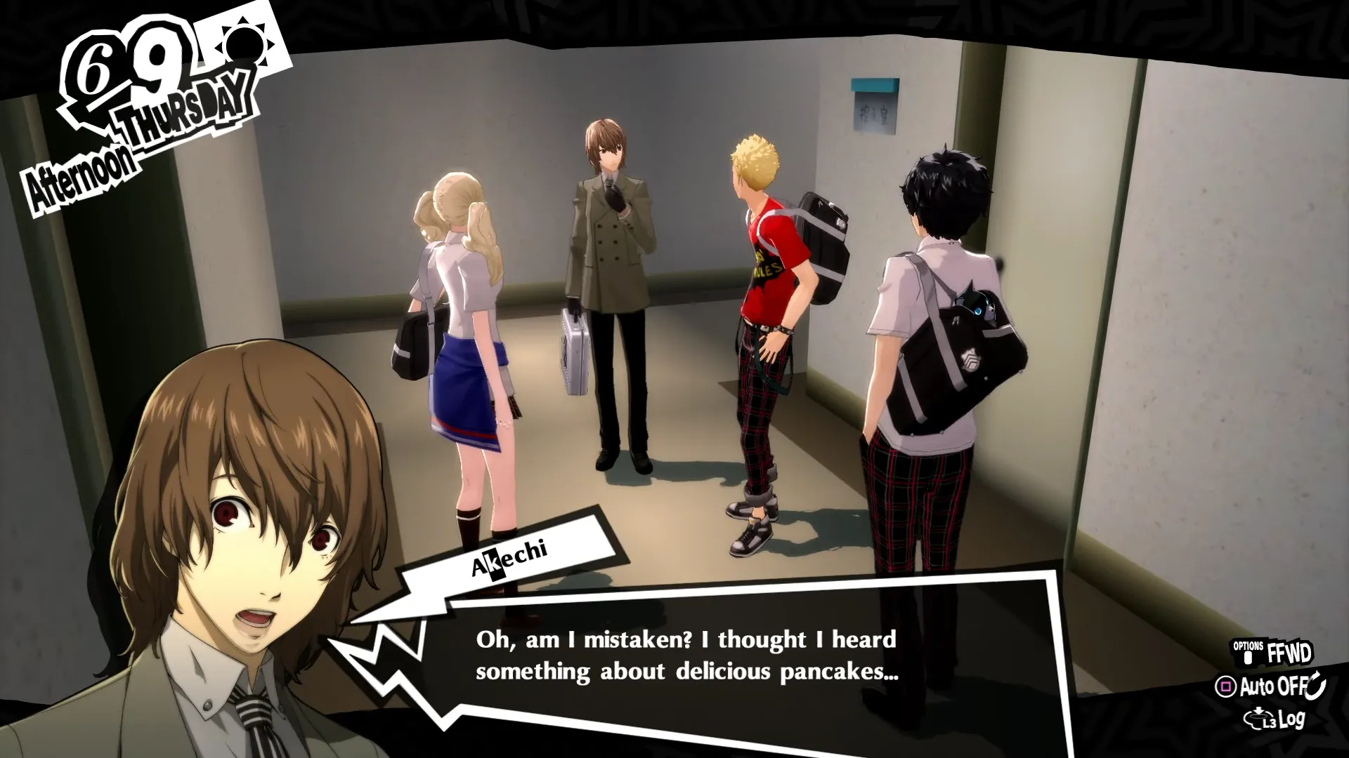 Akechi với vẻ mặt thách thức khi nhắc đến bánh pancake trong Persona 5