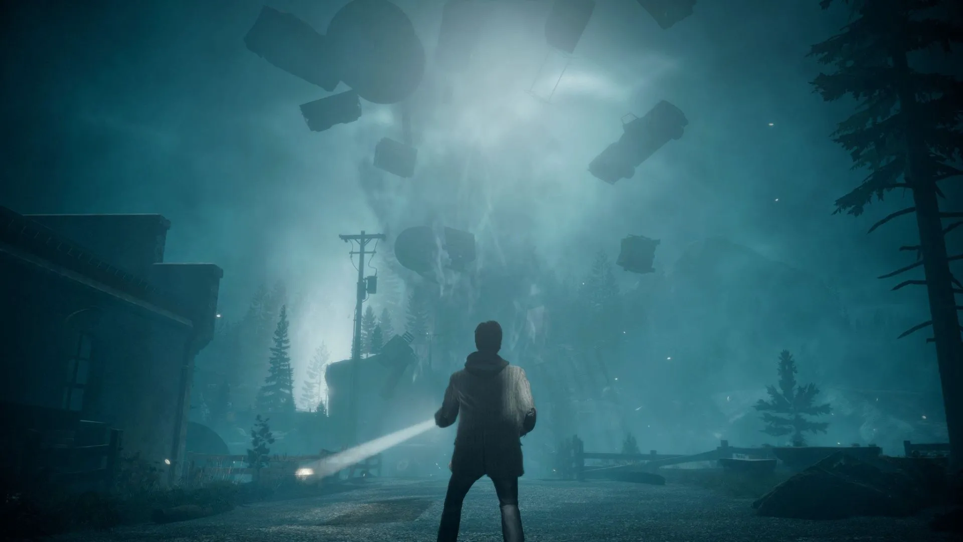 Alan Wake sử dụng đèn pin để xua đuổi bóng tối trong khu rừng rậm Bright Falls, nhấn mạnh yếu tố ánh sáng làm gameplay cốt lõi.
