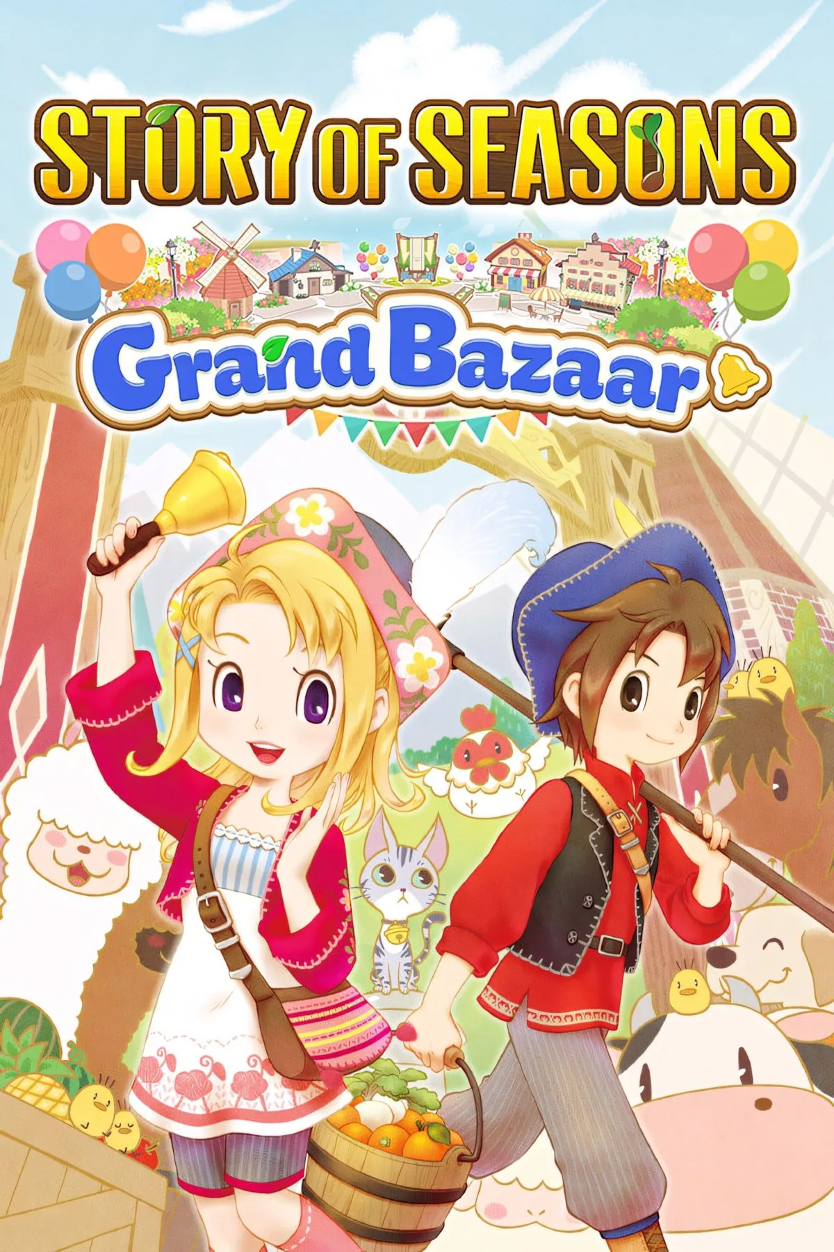 Artwork chính thức của Story of Seasons Grand Bazaar trên Nintendo Switch, thể hiện phong cách đồ họa dễ thương và các nhân vật chủ chốt.