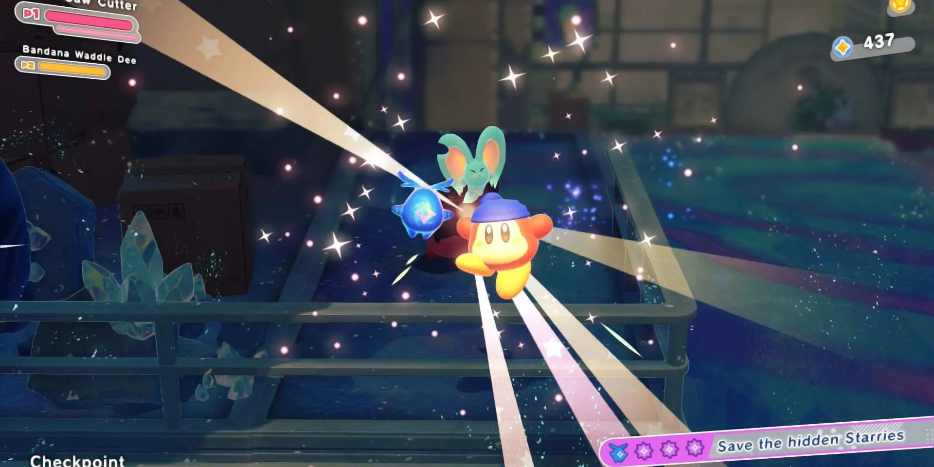Bandana Dee giải cứu một Starry trong Kirby: Star-Crossed World, một cảnh tượng cảm động.