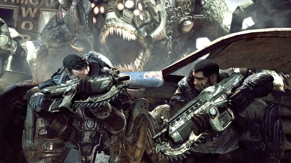 Bìa game Gears of War bản gốc, biểu tượng của sự khởi đầu một tượng đài game bắn súng góc nhìn thứ ba, định hình thị trường Xbox 360.