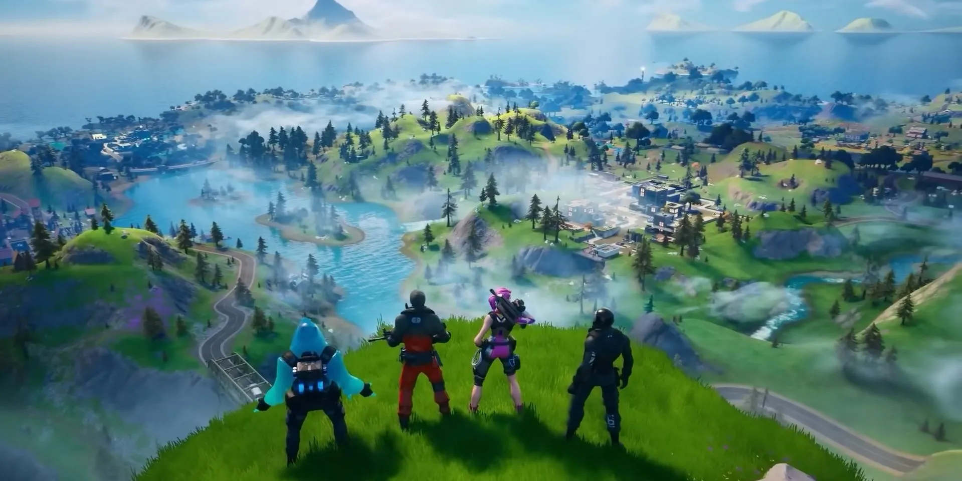 Các nhân vật Fortnite đứng trên đỉnh đồi, biểu tượng cho vị thế dẫn đầu và khả năng thích ứng của trò chơi trong thị trường Battle Royale đầy cạnh tranh