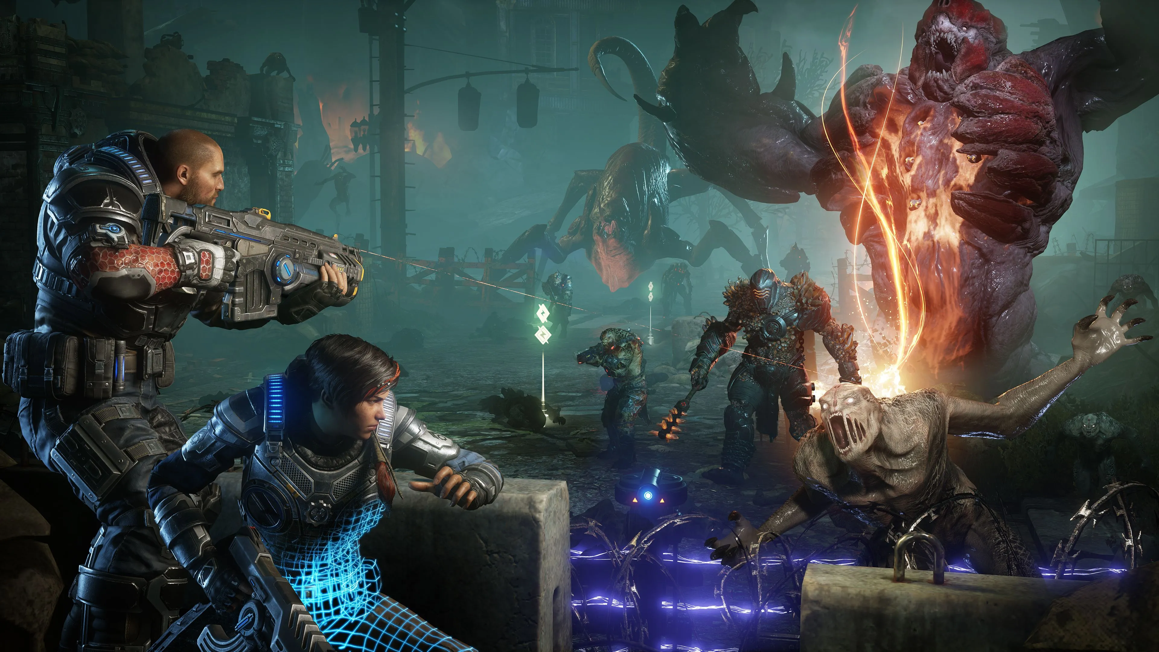 Cảnh chế độ Horde trong Gears 5, thể hiện sự đổi mới về lối chơi và câu chuyện với Kait Diaz, nhưng cũng đối mặt với thách thức định vị thương hiệu mới.