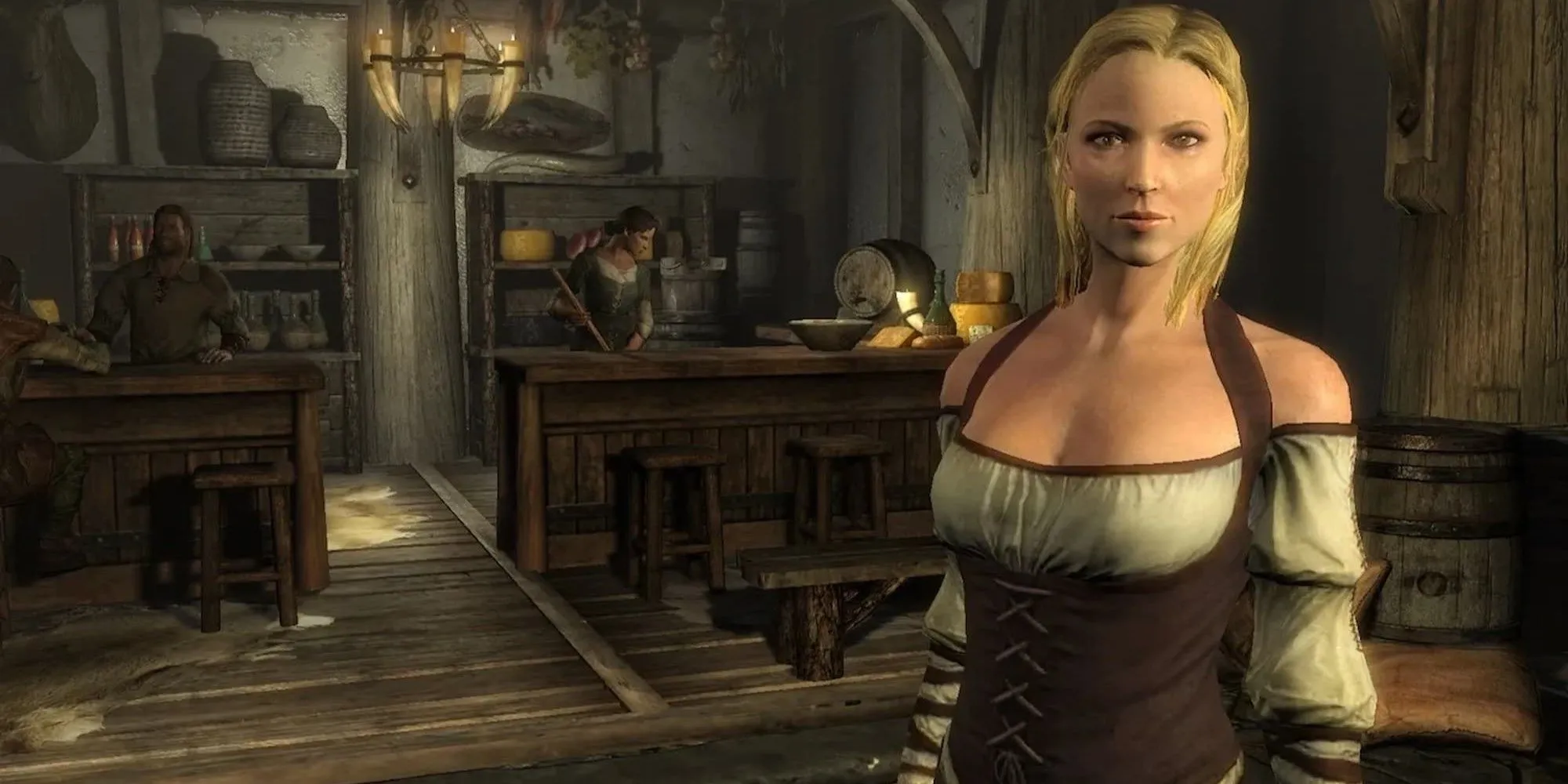 Cảnh cửa hàng tấp nập trong Skyrim The Elder Scrolls V, thể hiện cuộc sống sinh động của Tamriel.