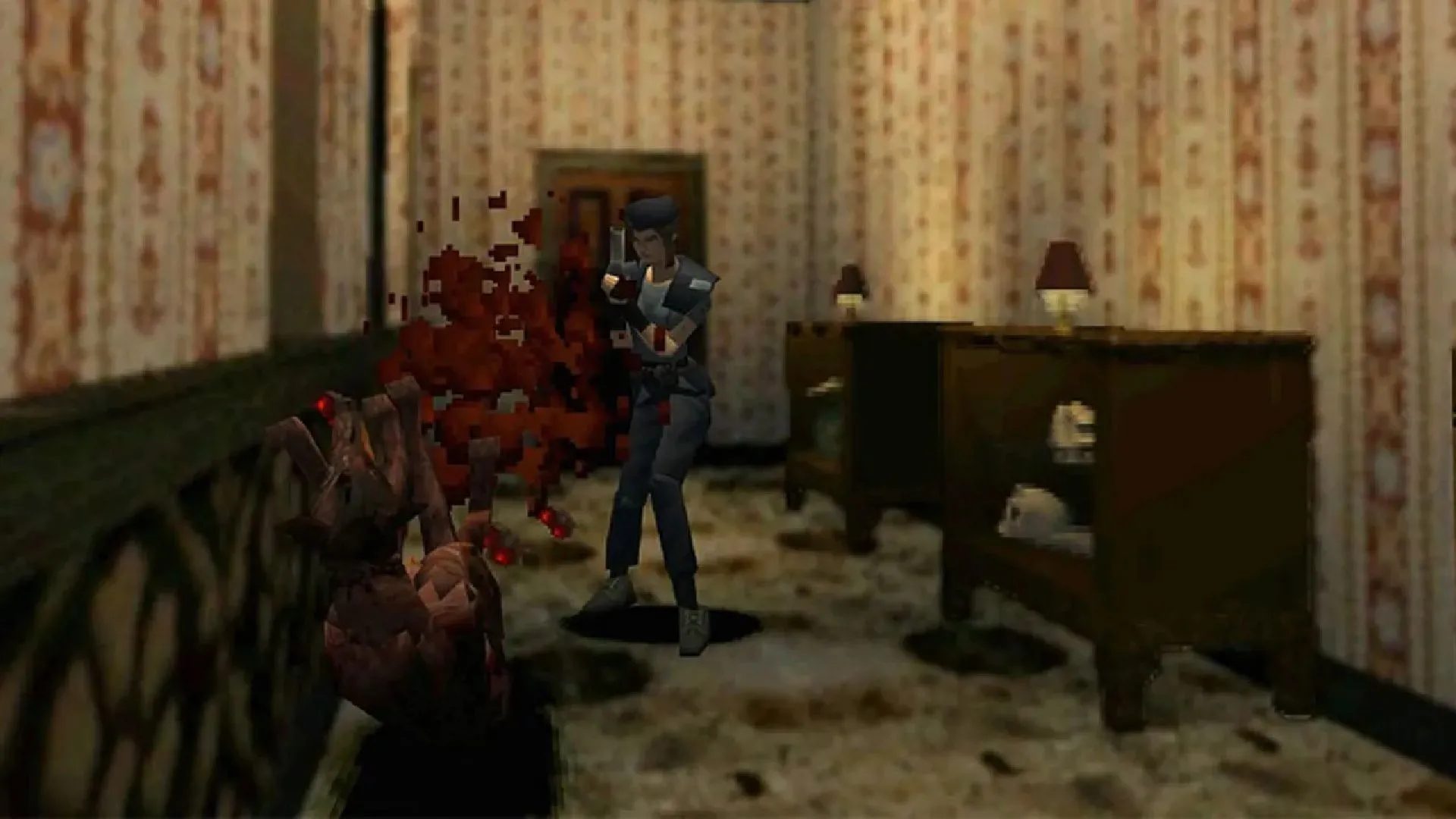 Cảnh tượng kinh điển từ game Resident Evil gốc, cho thấy không khí rùng rợn và đồ họa đặc trưng của thời kỳ sơ khai kinh dị sinh tồn.