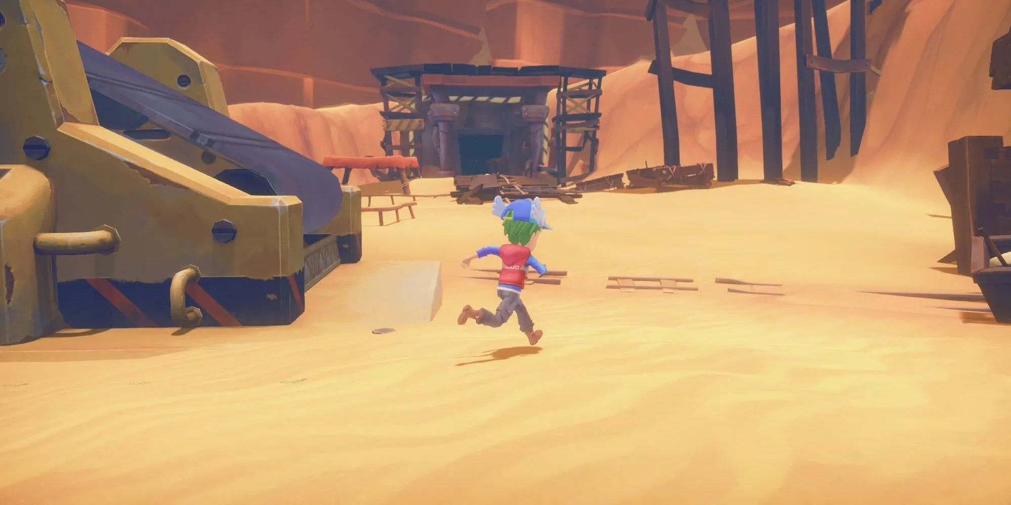 Chạy quanh công trường xây dựng trong My Time at Portia, một game mô phỏng cuộc sống với cơ chế grind nặng và cảm giác như làm việc