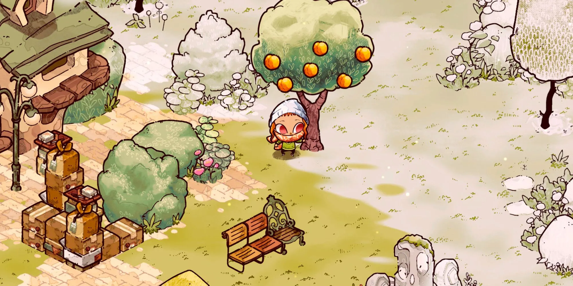 Công viên Cozy Grove với cây cam, minh họa bối cảnh game nhưng không thể che lấp gameplay lặp lại và nhàm chán