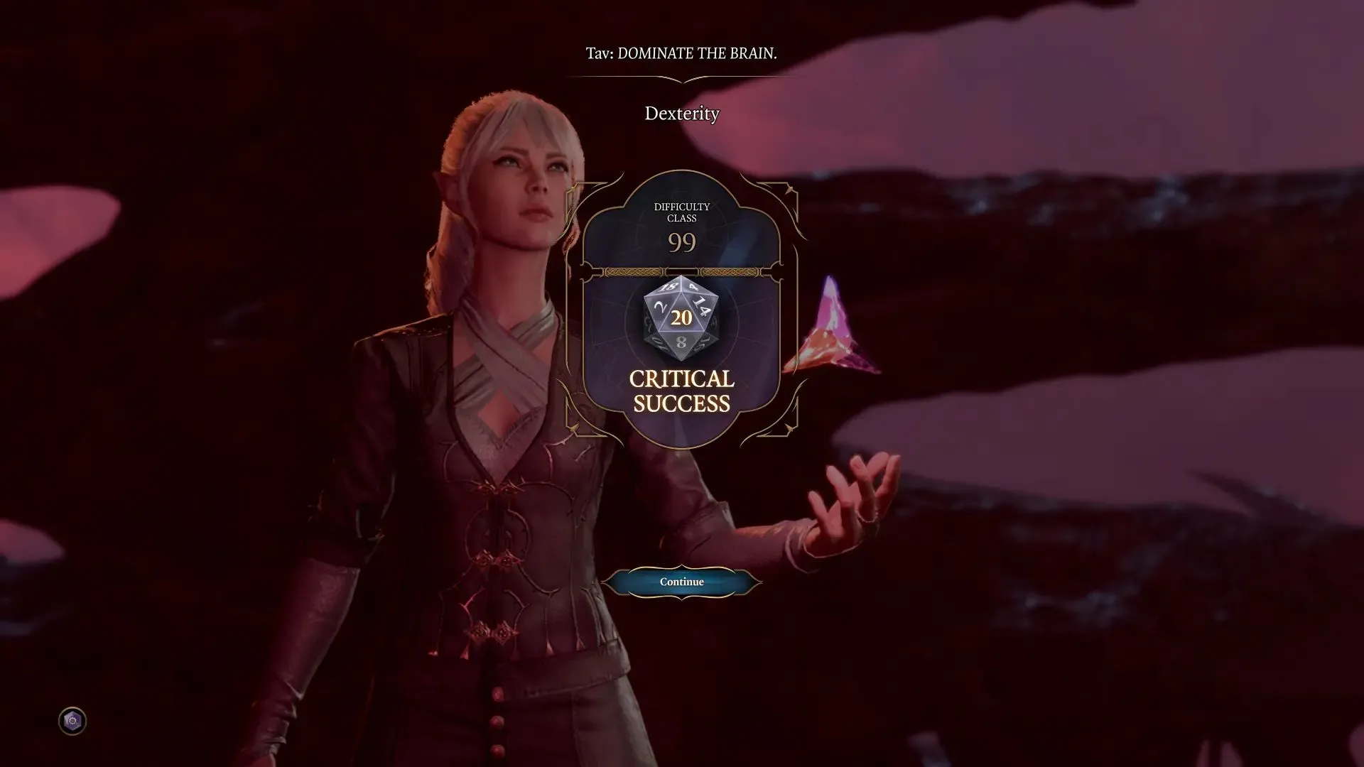 Elder Brain cuối cùng trong Baldur's Gate 3, mục tiêu của cú roll Dominate Brain DC 99, giảm sức mạnh cho trùm cuối.