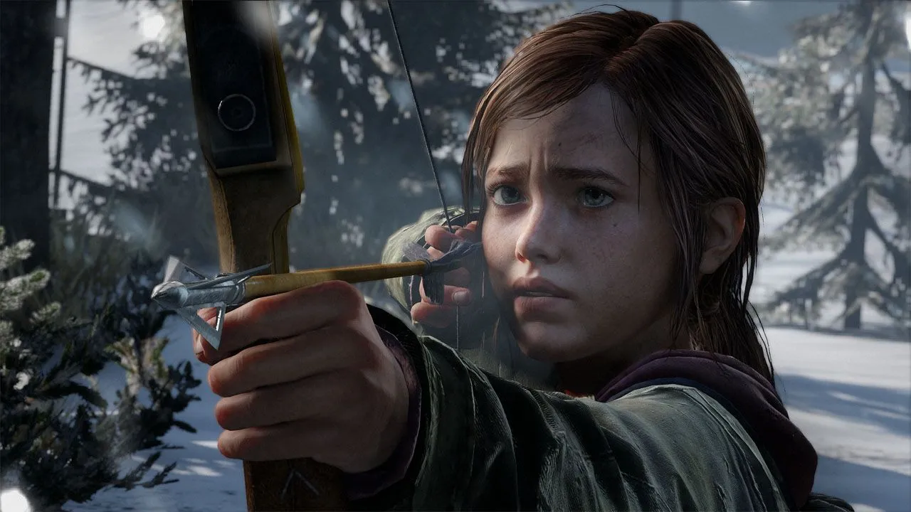 Ellie trong The Last of Us căng cung sẵn sàng chiến đấu, thể hiện sự sinh tồn khắc nghiệt trong thế giới hậu tận thế đầy rẫy hiểm nguy.