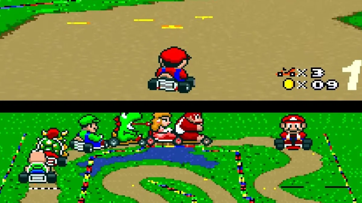Gameplay Super Mario Kart với đường đua được tạo bởi công nghệ Mode 7 của SNES.