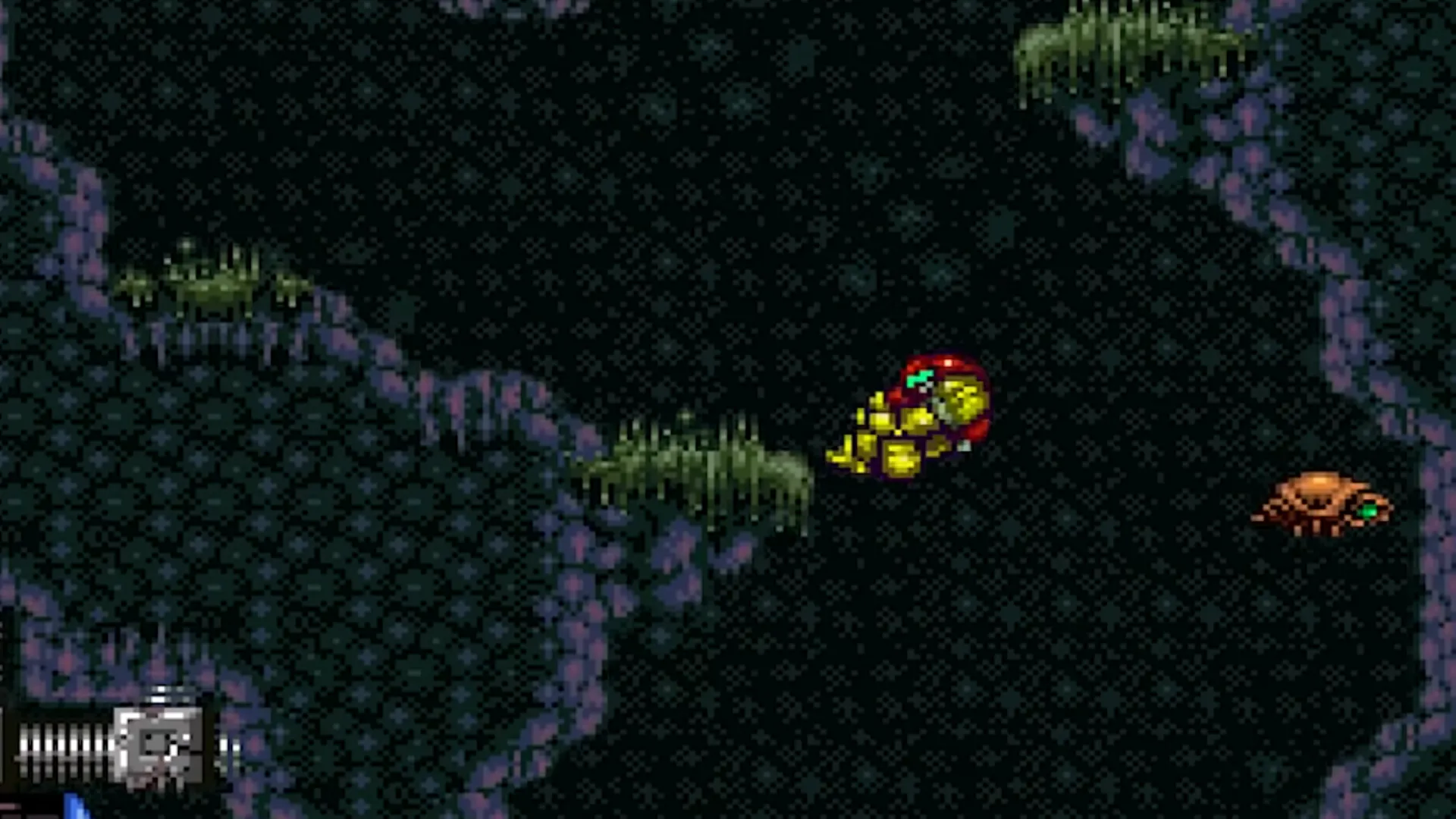 Gameplay Super Metroid, với nhân vật Samus Aran trong môi trường khám phá rộng lớn.