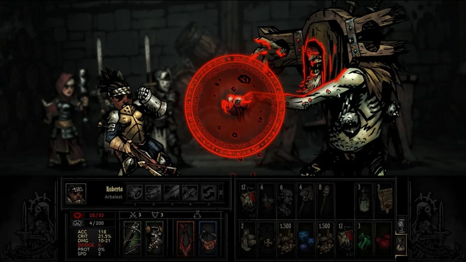 Giao diện chiến đấu Darkest Dungeon, nhấn mạnh yếu tố quản lý căng thẳng và trạng thái nhân vật