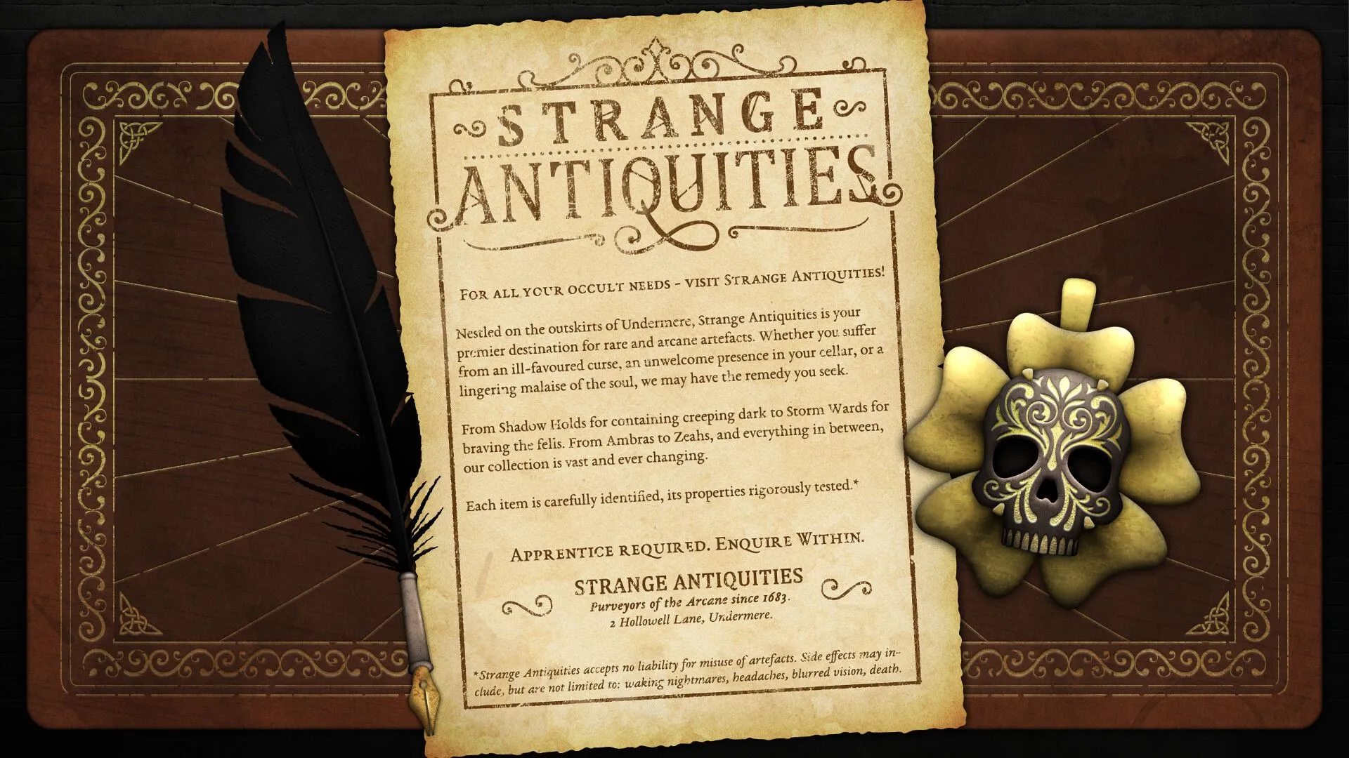 Giao diện cửa hàng trong Strange Antiquities, nơi người chơi tương tác với các món đồ cổ và bản đồ để giải mã Clue Card