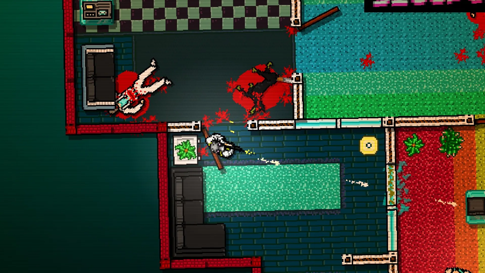 Góc nhìn từ trên xuống cảnh hành động nhanh trong game Hotline Miami