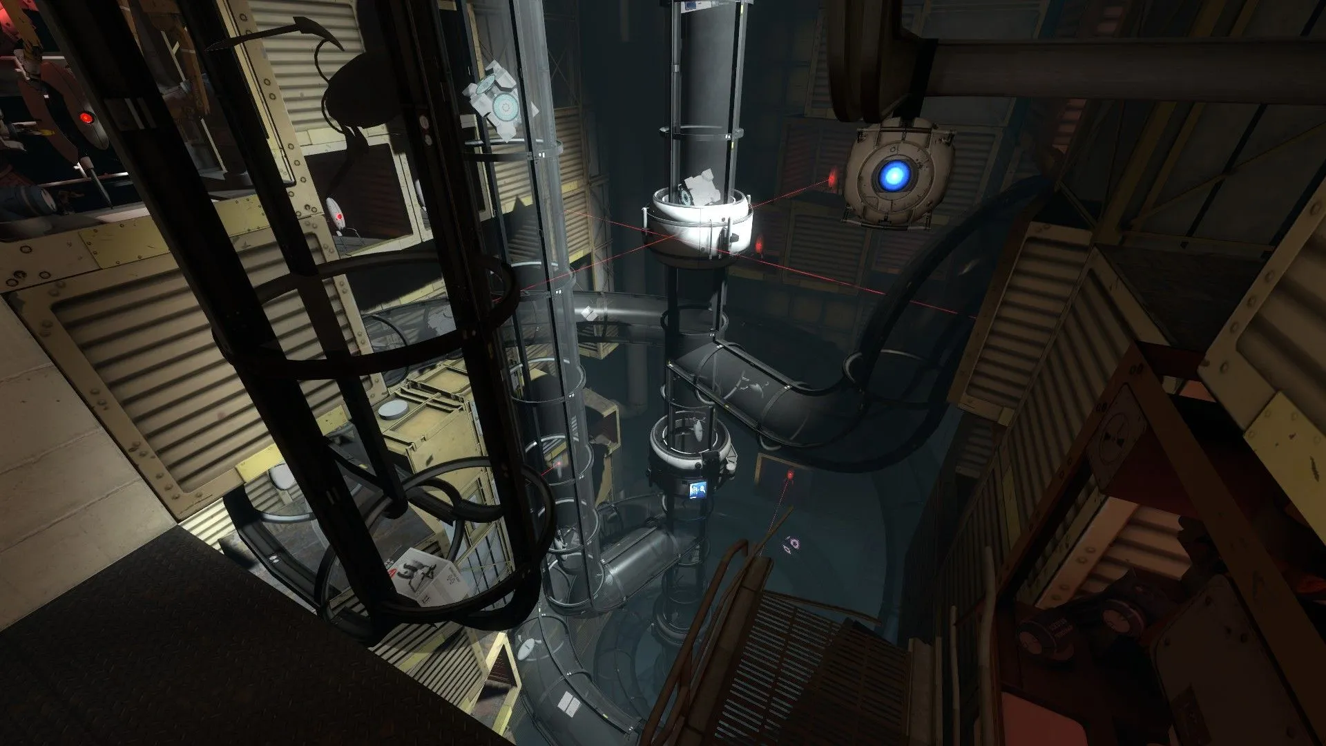 Hai robot Atlas và P-body cùng Wheatley điều hướng trong ống dẫn của Portal 2