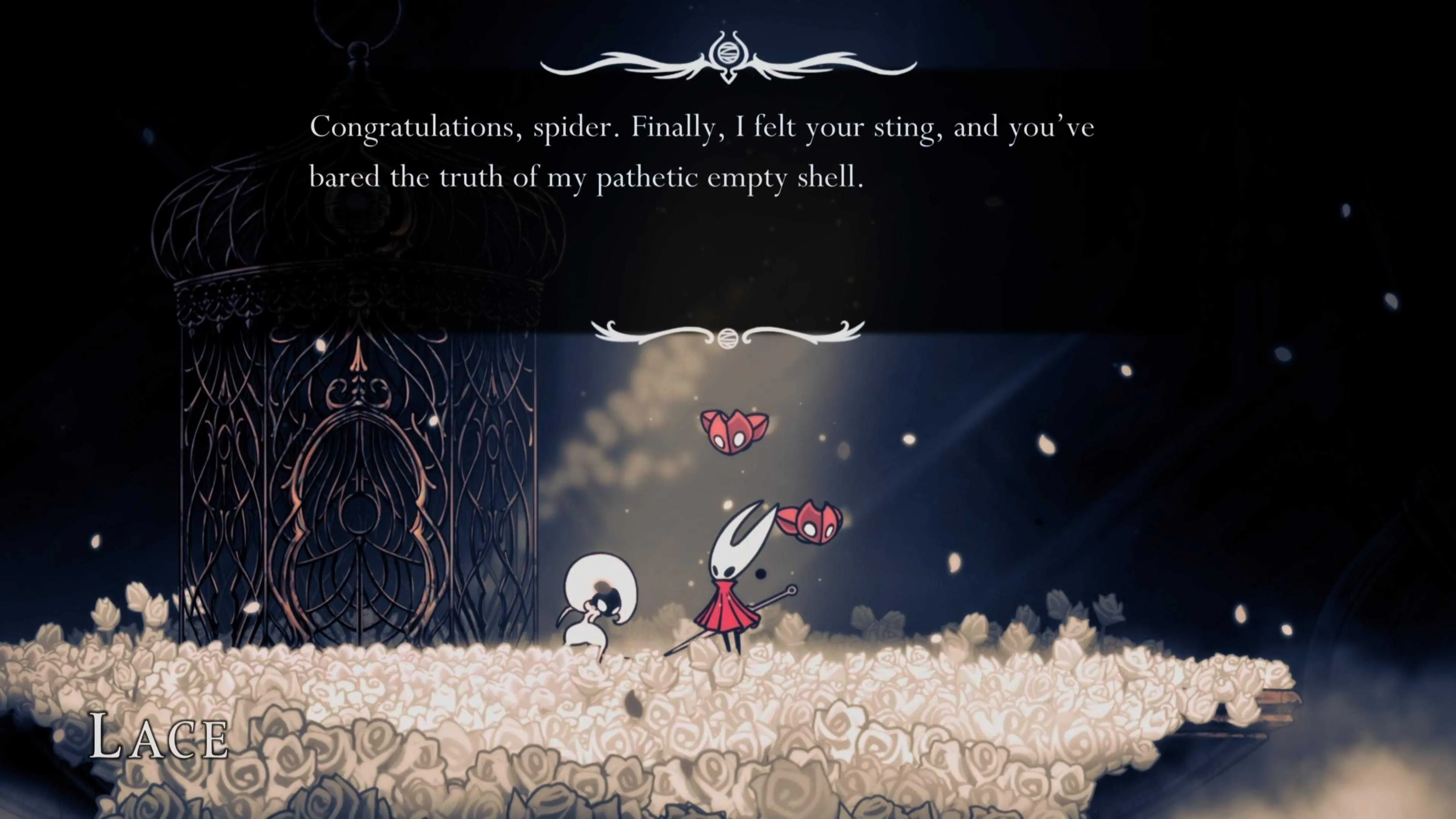 Hornet đứng trước lối vào The Cradle sau khi đánh bại Lace lần thứ hai trong Hollow Knight Silksong