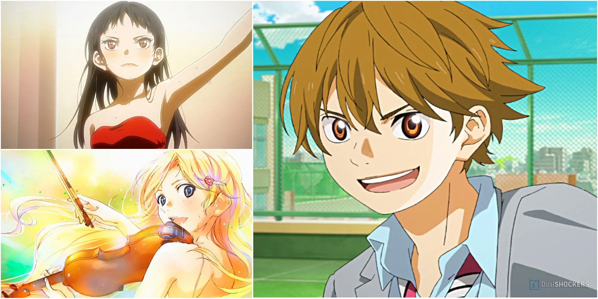 Kaori Miyazono và Kousei Arima tương tác trong Your Lie in April, biểu tượng của tình bạn và sự chữa lành cảm xúc trong một anime xử lý nỗi đau một cách tinh tế