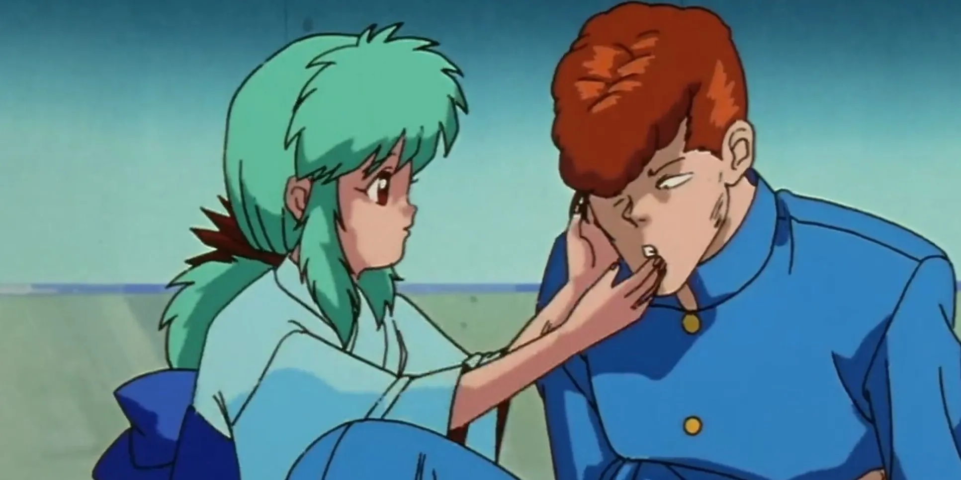 Kazuma Kuwabara, với nụ cười hiền lành, đứng cạnh Yukina, biểu cảm ngọt ngào và lòng nhân hậu