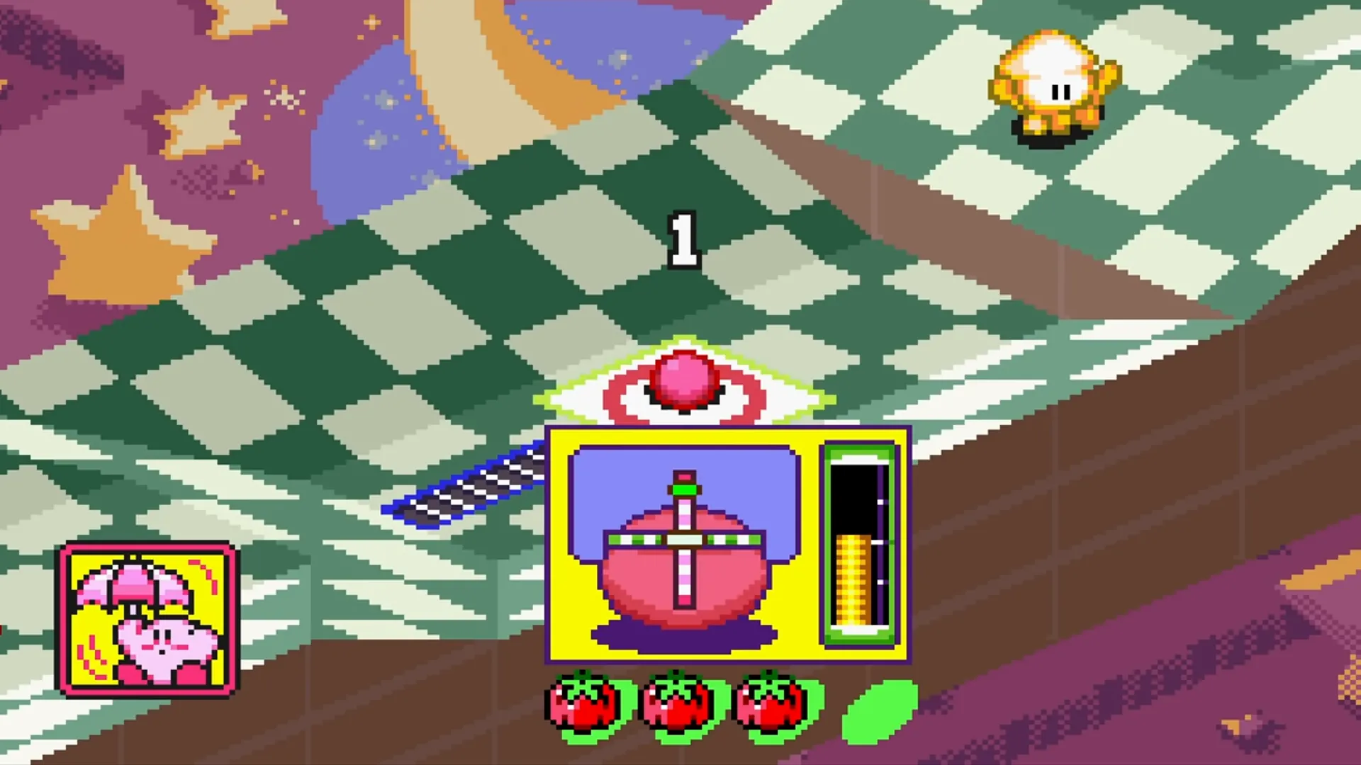 Kirby ở trên sân golf trong Kirby's Dream Course, một ví dụ về game thể thao giải đố độc đáo trên SNES.