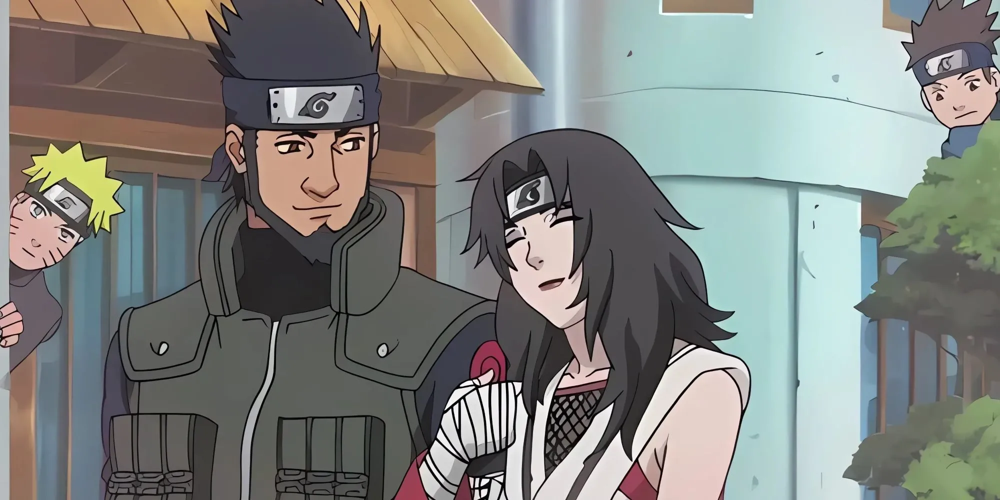 Kurenai Yūhi và Asuma Sarutobi, hai Jōnin tài năng của Làng Lá, đang trò chuyện dưới sự theo dõi của Naruto và Konohamaru