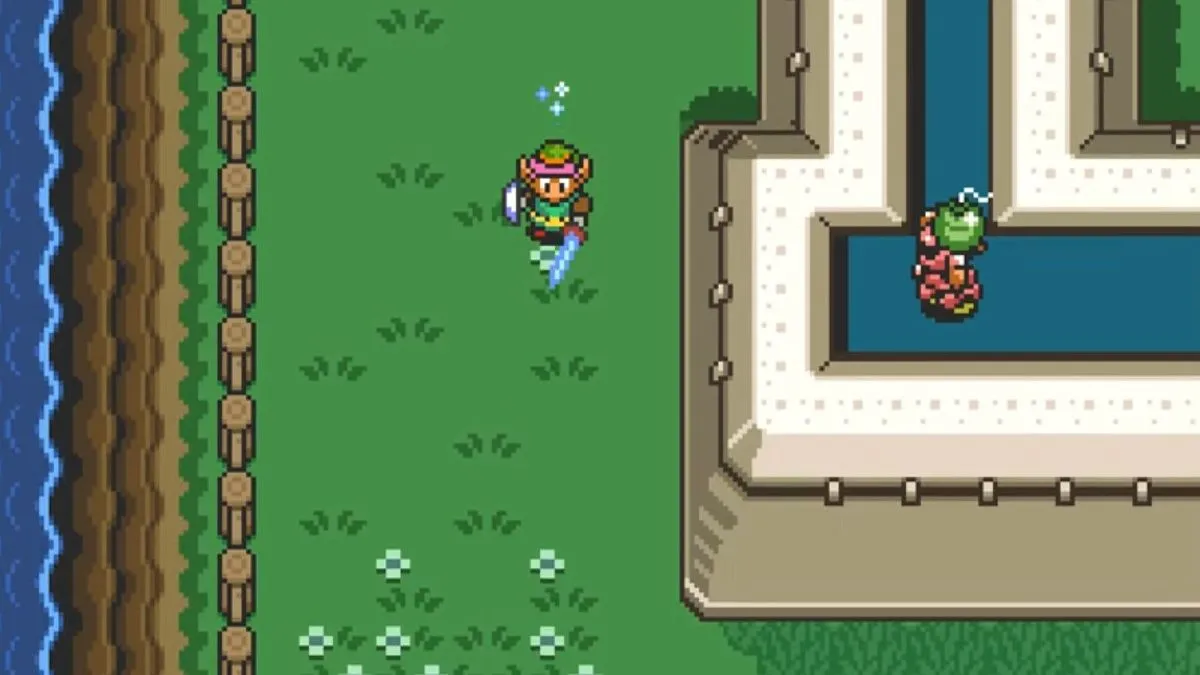 Link chạy nước rút trong The Legend of Zelda: A Link to the Past, một cảnh gameplay hành động phiêu lưu trên SNES.