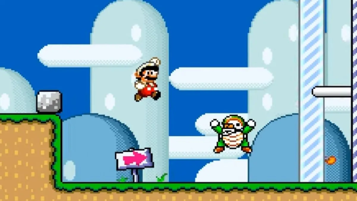 Mario cùng Yoshi đối mặt với kẻ thù trong Super Mario World, minh họa gameplay platformer kinh điển của SNES.
