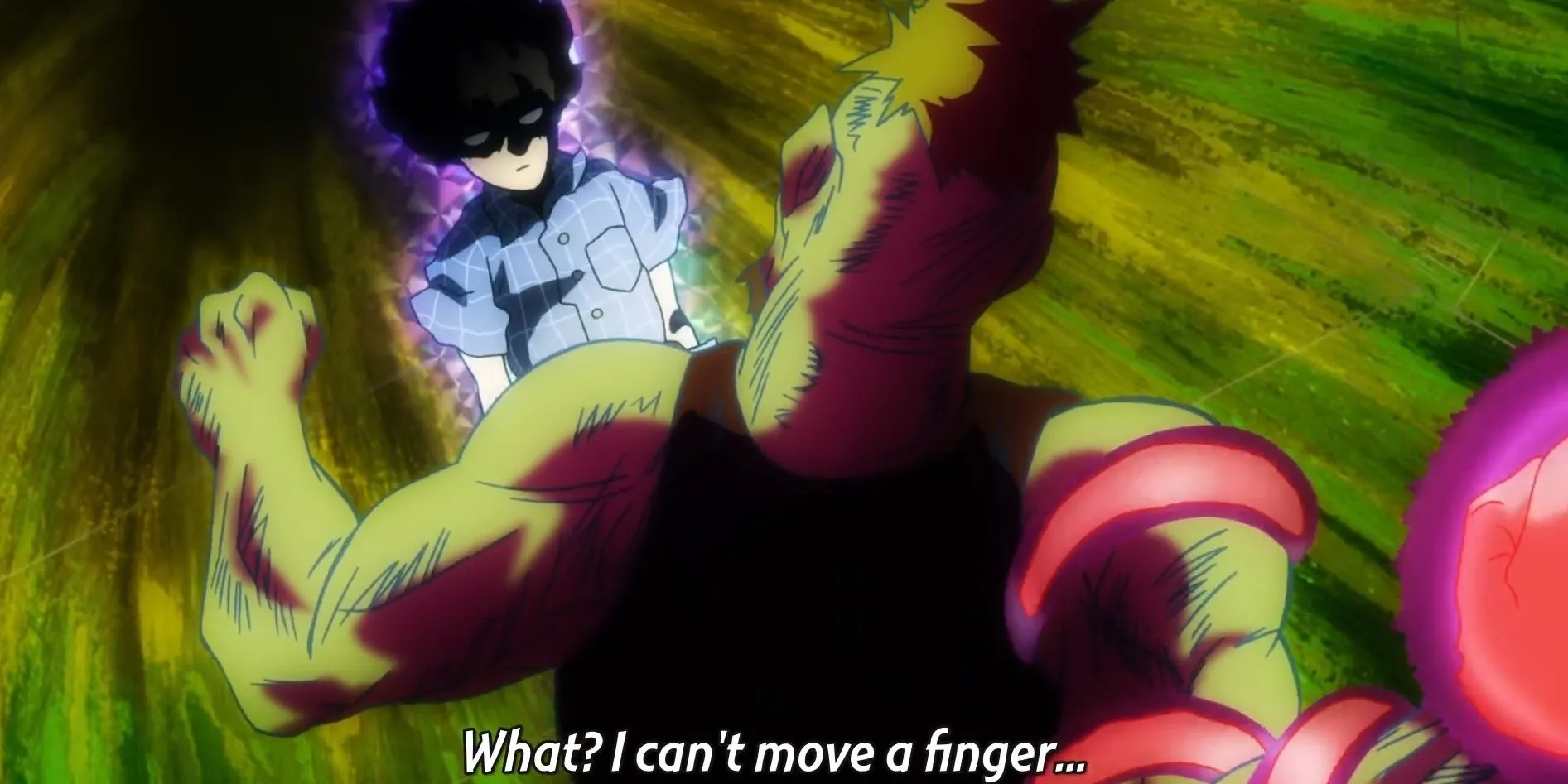 Mob Kageyama khóc trong vòng tay Reigen Arataka sau khi giải phóng toàn bộ sức mạnh để trả thù trong Mob Psycho 100 tập 9