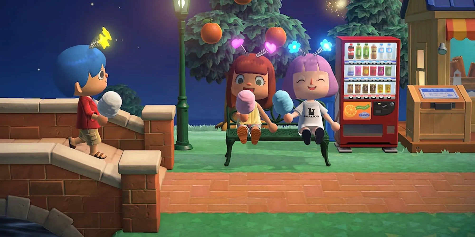 Người chơi ăn kẹo bông gòn trong Animal Crossing New Horizons, tận hưởng không khí lễ hội vui vẻ.