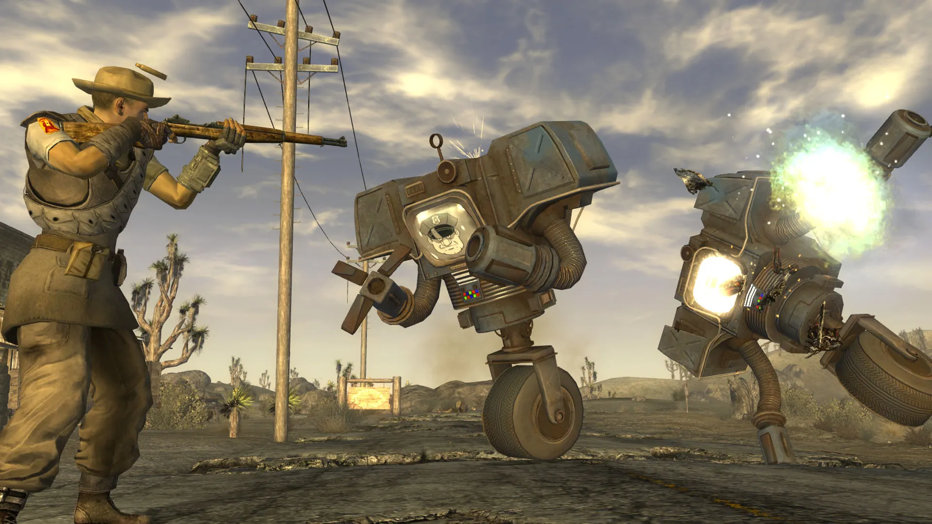 Nhân vật chính đối đầu với Securitrons tại New Vegas Strip trong Fallout: New Vegas