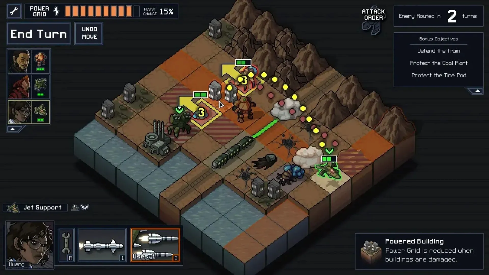 Robot chiến đấu trong Into the Breach bảo vệ thành phố khỏi quái vật Vek, thể hiện bản chất chiến thuật theo lượt