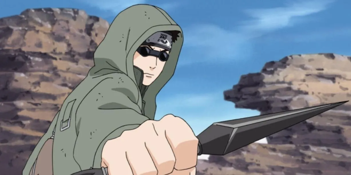Shino Aburame với đôi mắt đeo kính đặc trưng, thể hiện sự điềm tĩnh và khả năng chiến đấu dựa trên côn trùng