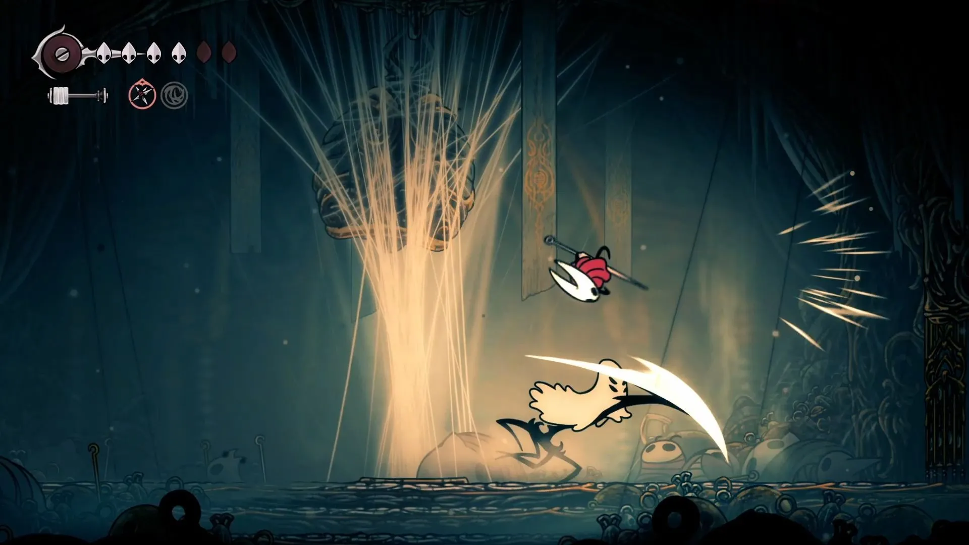 Widow boss thực hiện đòn lướt tấn công cực nhanh, thể hiện độ khó tăng vọt trong Hollow Knight Silksong.